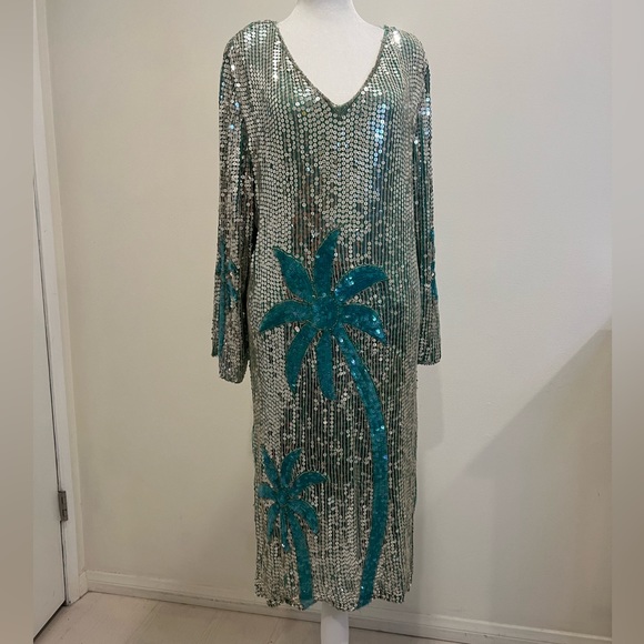 VINTAGE | SEQUIN SILK ART DECO PALM TREE MIAMI TROPICAL SILVER DISCO DRE… - Picture 3 of 15